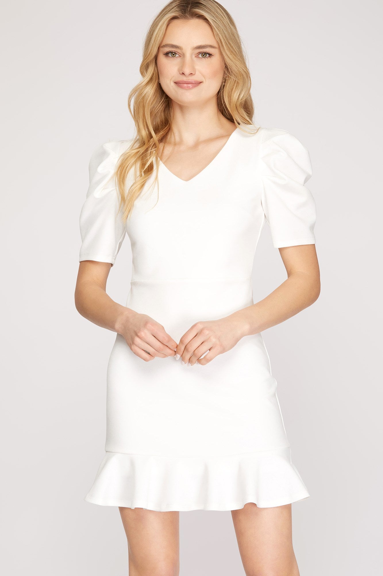 Short Puff Sleeve V Neck Knit Short Dress with Flounce Hem and Zip Up Back Closure