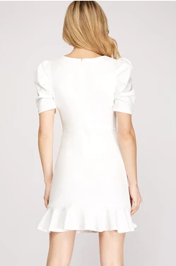 Short Puff Sleeve V Neck Knit Short Dress with Flounce Hem and Zip Up Back Closure