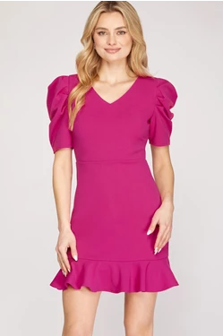 Short Puff Sleeve V Neck Knit Short Dress with Flounce Hem and Zip Up Back Closure
