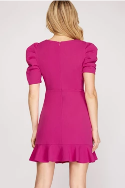 Short Puff Sleeve V Neck Knit Short Dress with Flounce Hem and Zip Up Back Closure