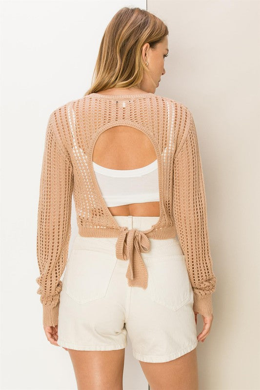 Long Sleeve Cropped Crochet Coverup with Open Back