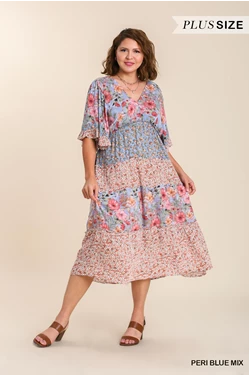 Curvy Mixed Floral Print Tiered V Neck Midi Dress with Bell Short Sleeve and Ruffle Hem