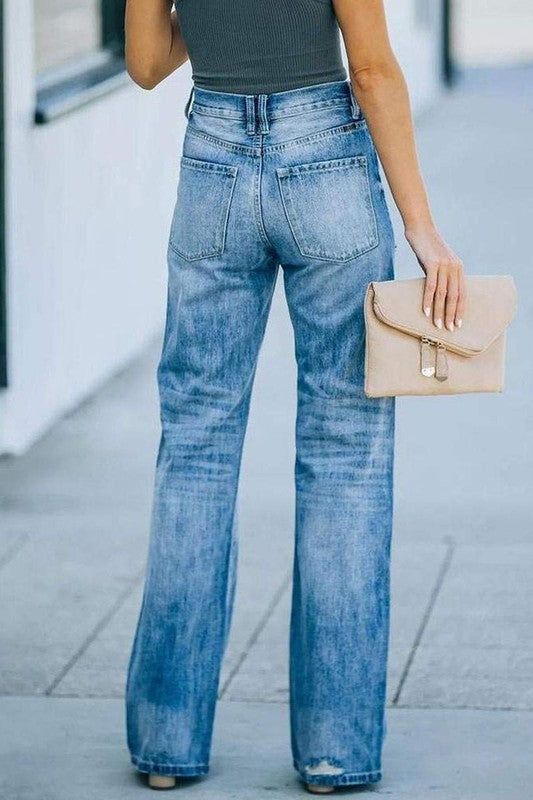 High Waist Button Fly Trouser Fit Distressed Blue Jeans