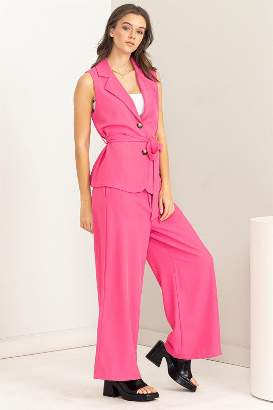 Sleeveless Vest with Buttons and Sash Tie Waist with Matching Straight Leg Cut Pants and Pockets