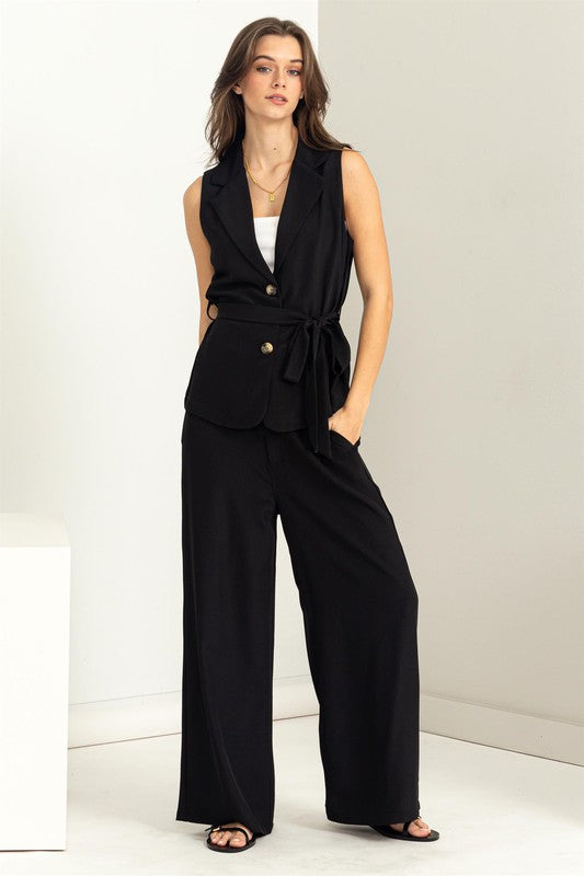 Sleeveless Vest with Buttons and Sash Tie Waist with Matching Straight Leg Cut Pants and Pockets
