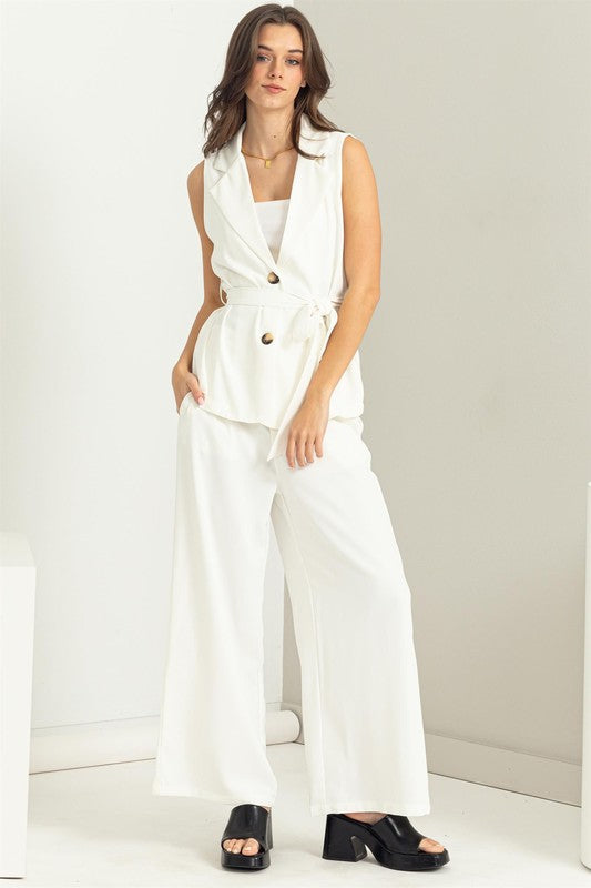 Sleeveless Vest with Buttons and Sash Tie Waist with Matching Straight Leg Cut Pants and Pockets