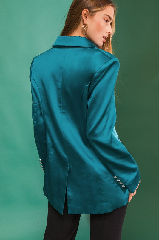 Satin Blazer with Jewel Buttons, Front Pockets and Button Sleeve