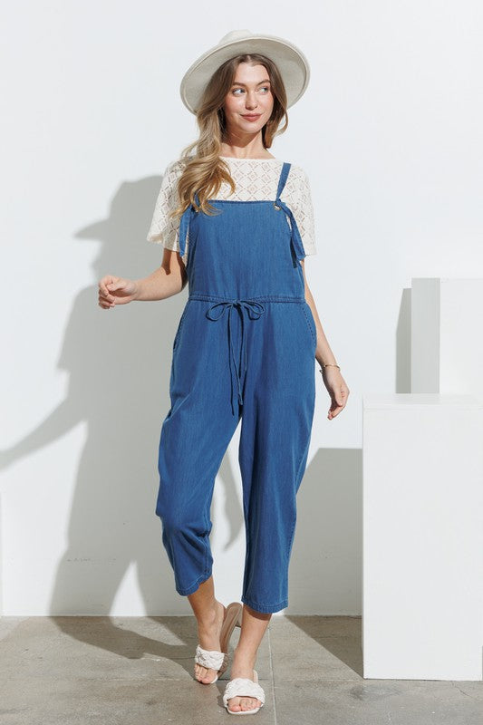 Chambray Ankle Jumpsuit with Waist Cinch and Pockets