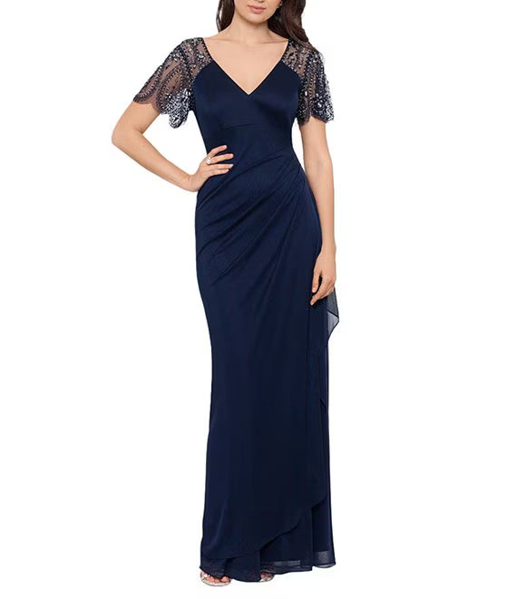 Short Beaded Sheer Flutter Sleeve Cascading Draped Waist V-Neck Beaded Long Formal Dress