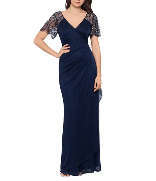 Short Beaded Sheer Flutter Sleeve Cascading Draped Waist V-Neck Beaded Long Formal Dress