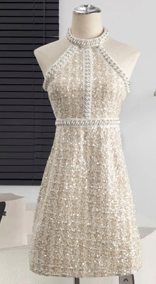 Sleeveless Halter Tweed Mini Dress with Pearl and Rhinestone Accent