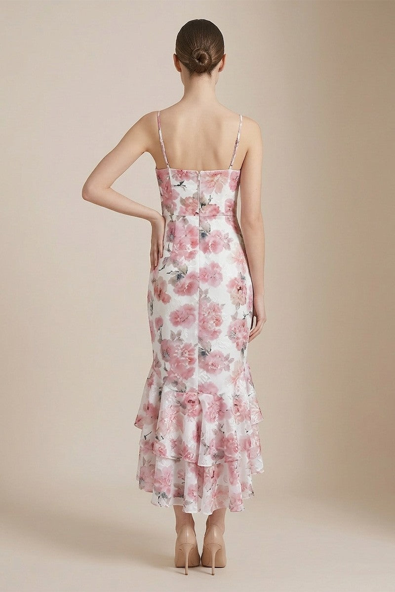 Adjustable Spaghetti Strap Floral Midi Dress With A Fitted Silhouette And Ruffled Hem