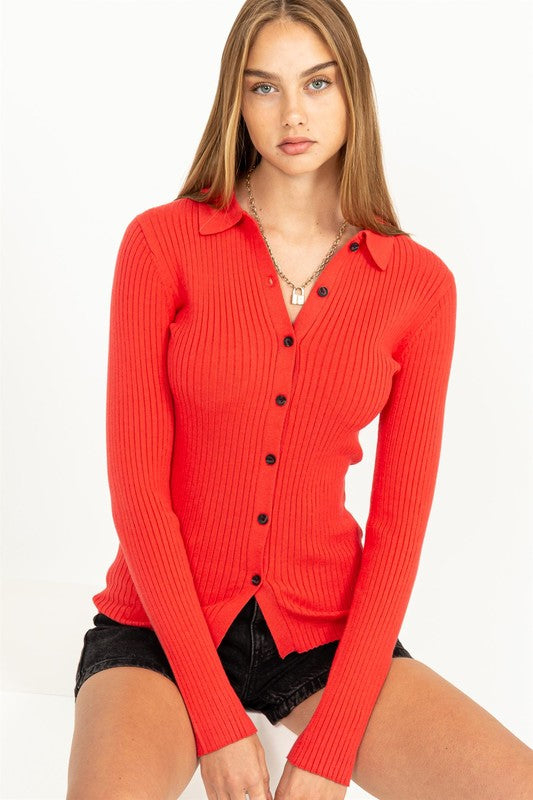 Long Sleeve Chic Ribbed Collared Cardigan