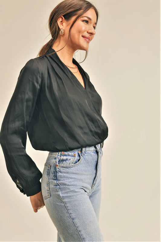 Long Sleeve V Neck Top with Smocked Hem and Tie Detail