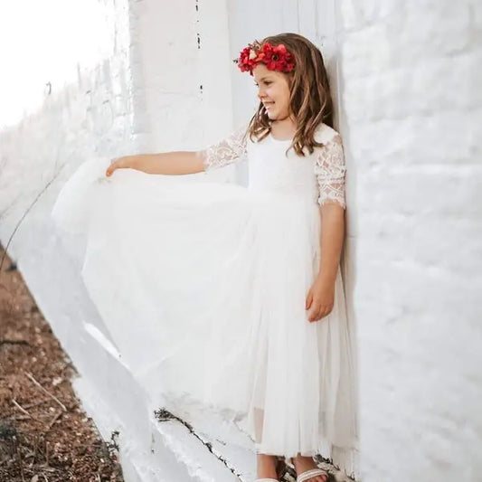 Girl Long Formal Dress with Tulle Skirt, 3/4 Lace Sleeve and Bodice