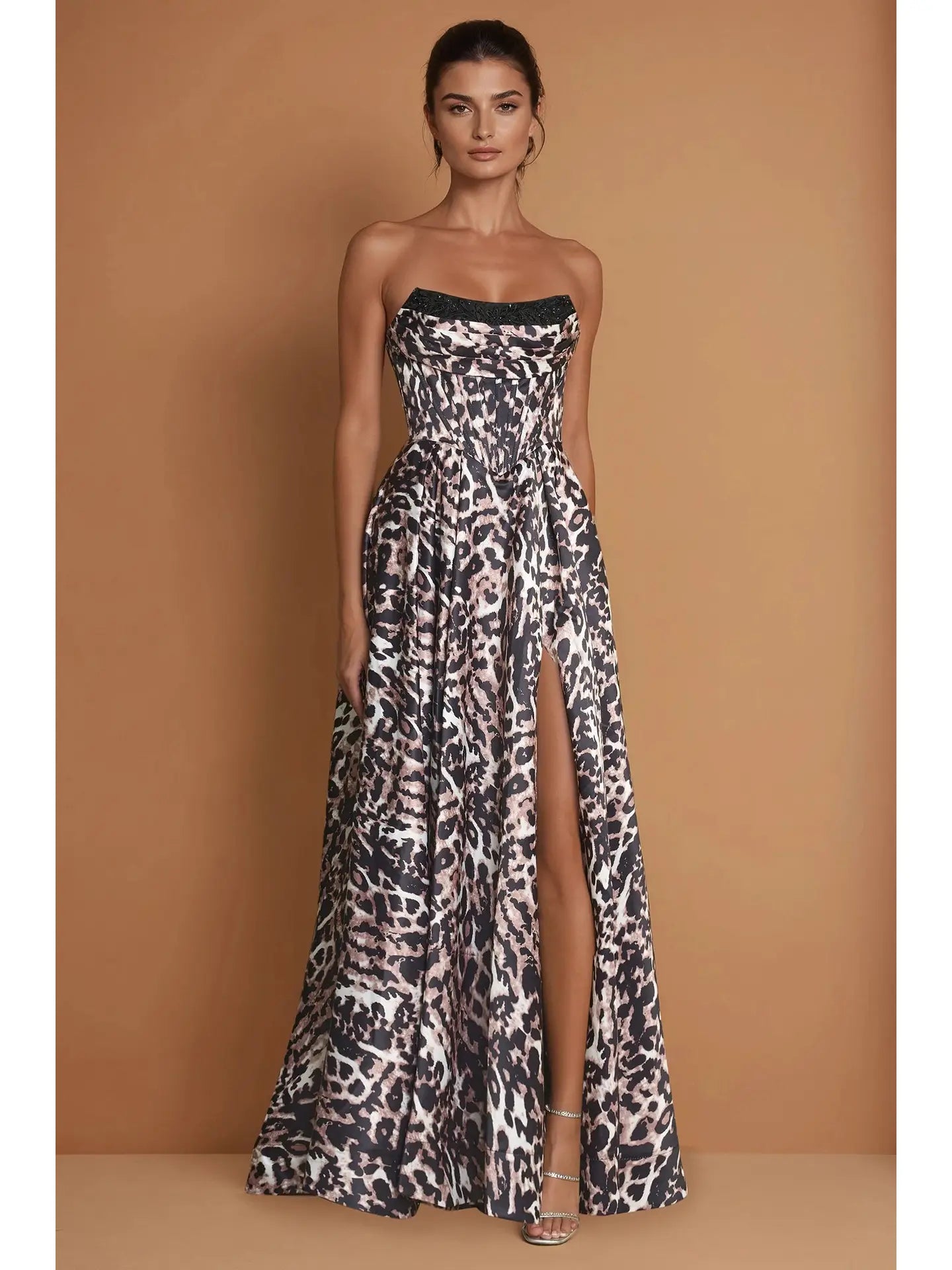 Strapless Leopard Print A LIne Long Formal Dress with Corset Back
