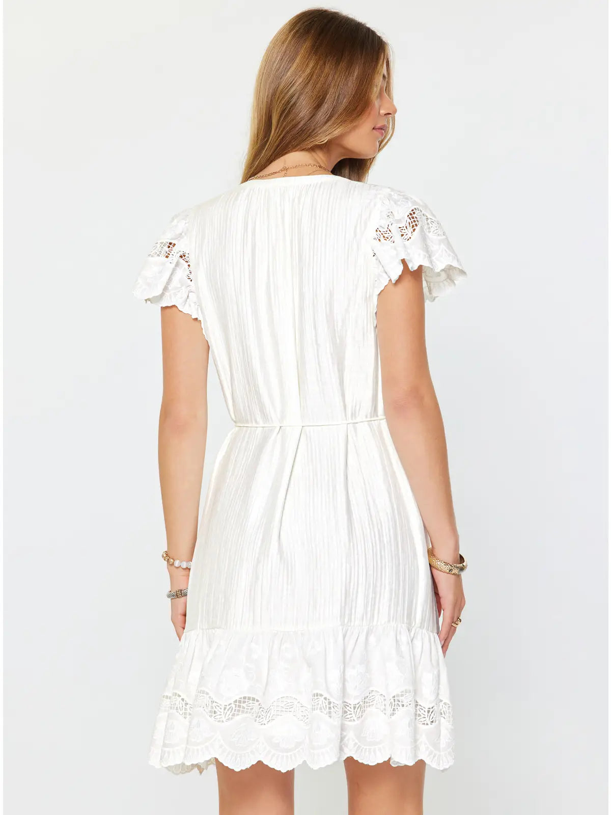 Short Sleeve Fit and Flare Crinkle Texture Mini Dress with Tie Waist and Lace Trim
