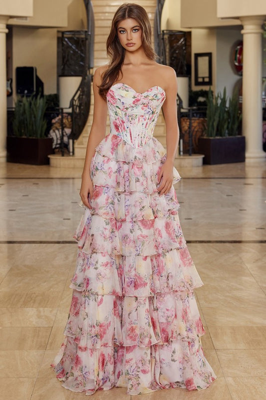Strapless Floral Tiered A Line Long Formal Dress