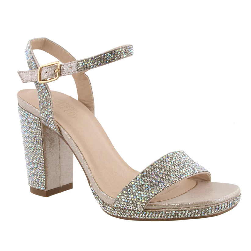 Mid Heel Strapy Rhinestone Platform Dress Shoe with Ankle Strap