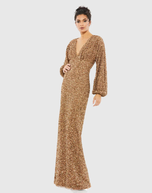 Long Sleeve V Neck Sequins Long Formal Dress