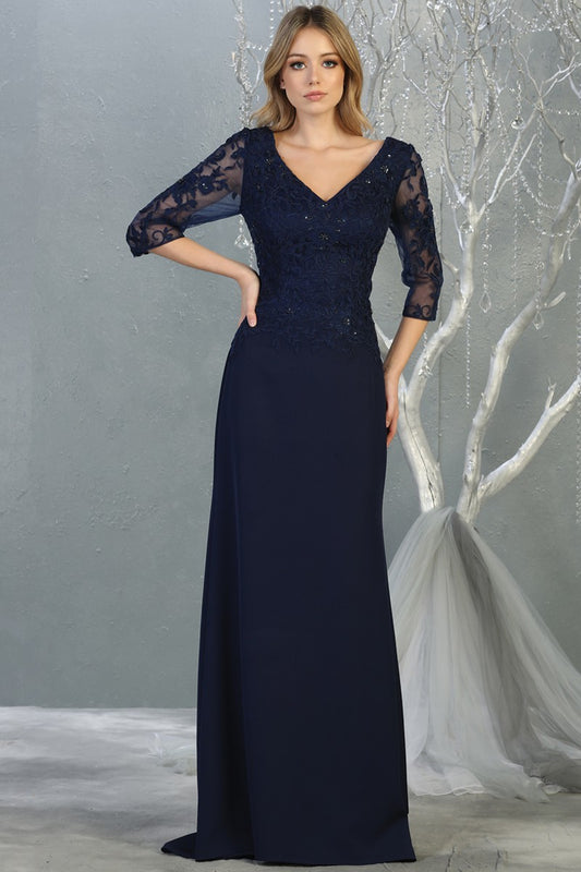3/4 Lace Sleeve and Bodice A Line Long Formal Dress with Jersey Skirt