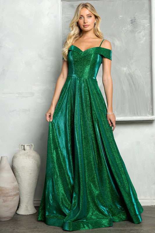 Off the Shoulder and Spaghetti Strap A-Line Glitter Long Formal Dress with Pockets