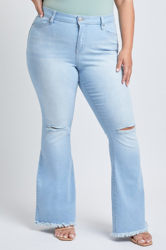 Curvy High Rise Distressed Super Flare Raw Hem Denim Jeans