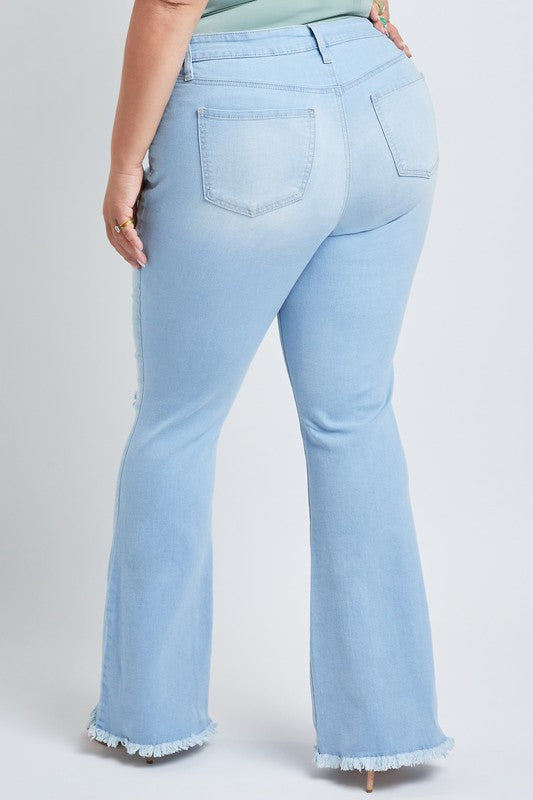 Curvy High Rise Distressed Super Flare Raw Hem Denim Jeans