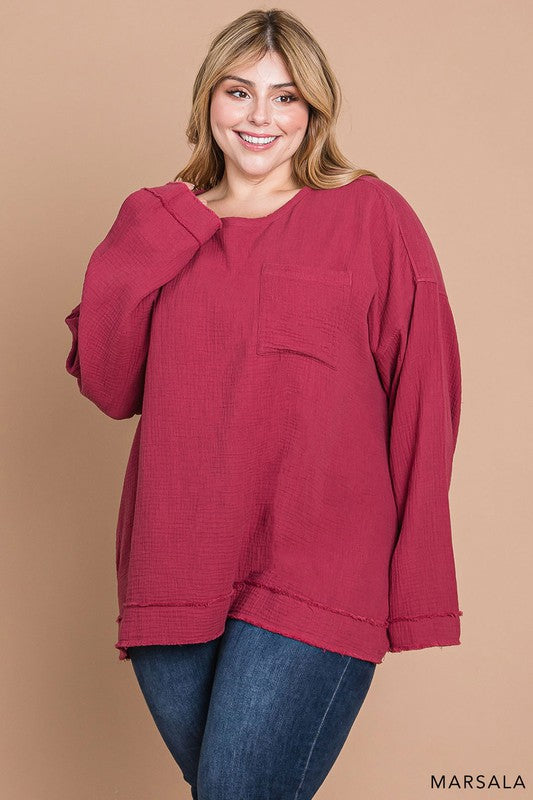 Curvy Long Sleeve Cotton Gauze Comfy Pullover Top with Raw Edge