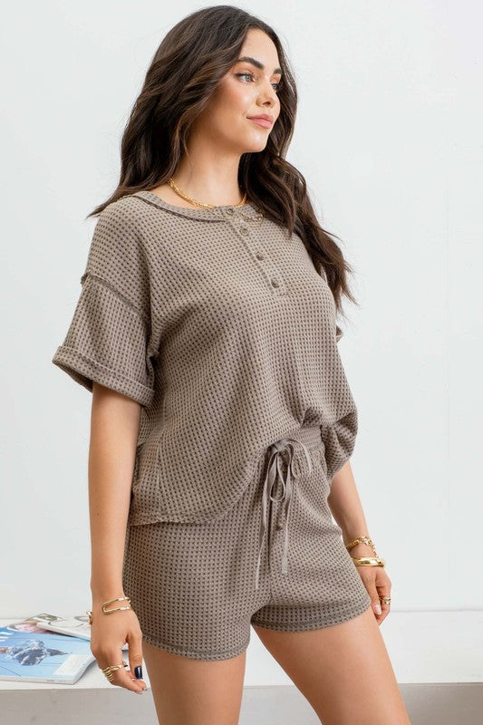 Short Sleeve Round Neck Waffle Top with Matching Drawstring Shorts