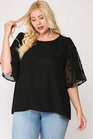 Curvy Short Sleeve Contrasting Fabric Swing Top with Round Neck