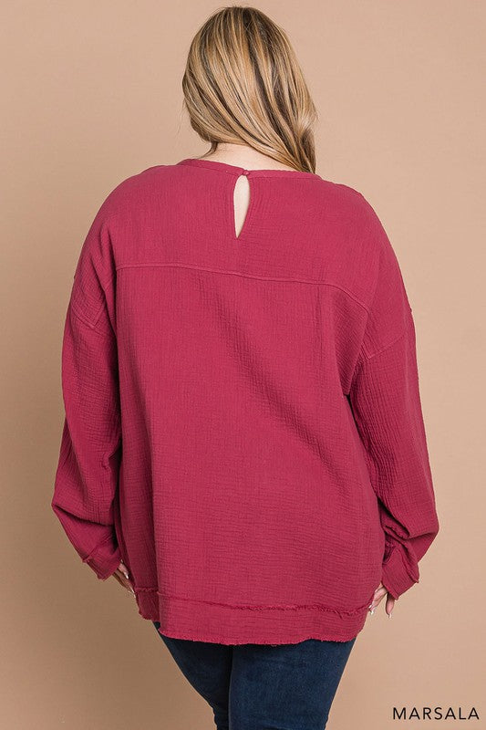 Curvy Long Sleeve Cotton Gauze Comfy Pullover Top with Raw Edge