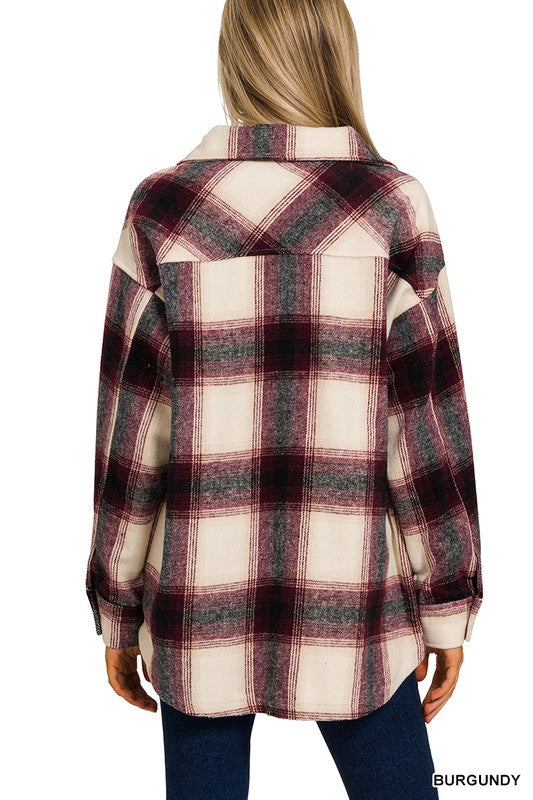 Long Sleeve Boyfriend Yarn Dyed Plaid Shacket with Pockets and Button Front Closure