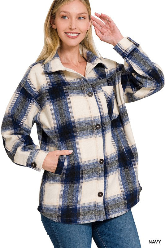 Long Sleeve Boyfriend Yarn Dyed Plaid Shacket with Pockets and Button Front Closure