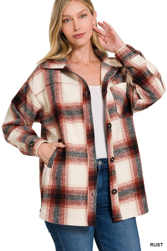 Long Sleeve Boyfriend Yarn Dyed Plaid Shacket with Pockets and Button Front Closure