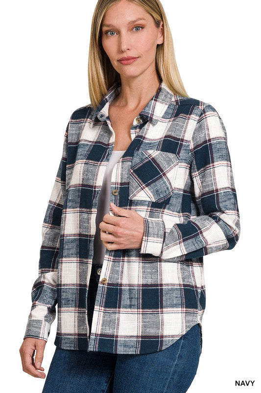 Long Sleeve Boyfriend Yarn Dyed Plaid Shacket with Pockets and Button Front Closure