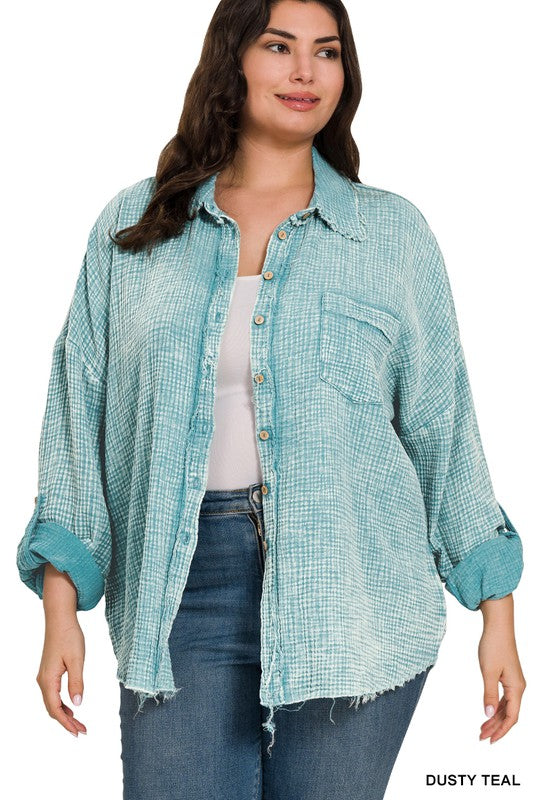 Curvy Long Sleeve Washed Double Gauze Button Down Shirt