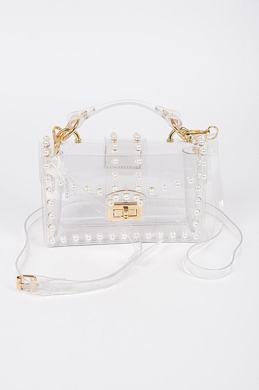 Transparent Single Handle Clutch with Faux Pearl