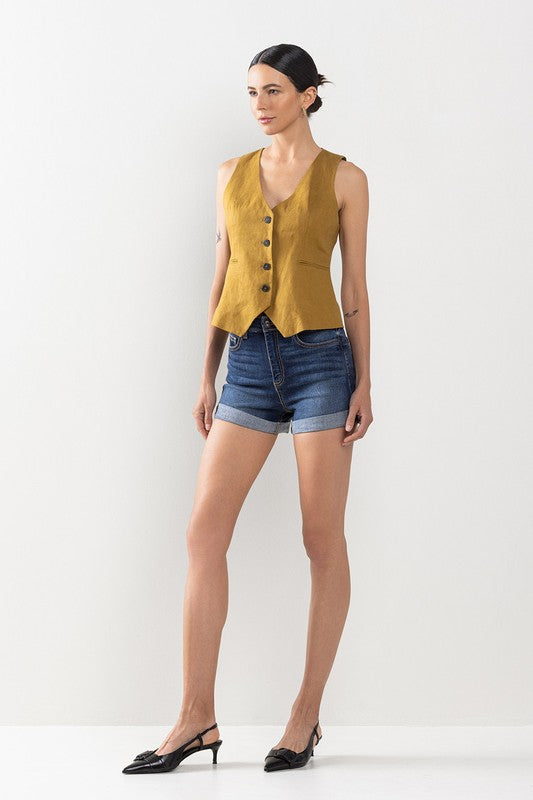 High Rise Denim Shorts with Roll Hem