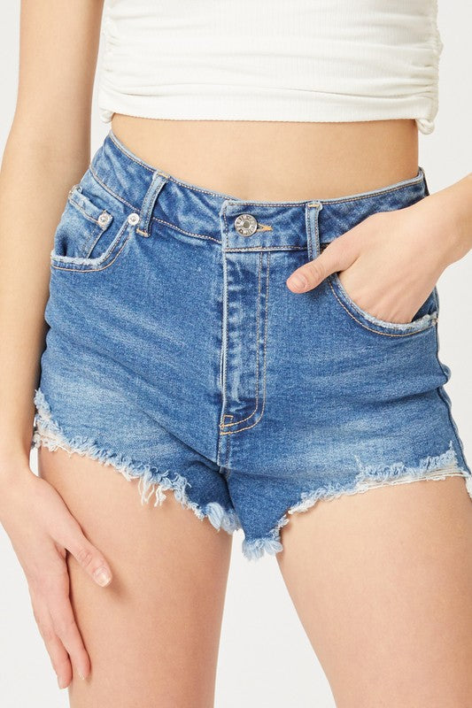 High Rise Distressed Fray Denim Shorts