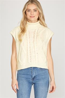 Sleeveless Drop Shoulder Mock Turtleneck Cable Sweater