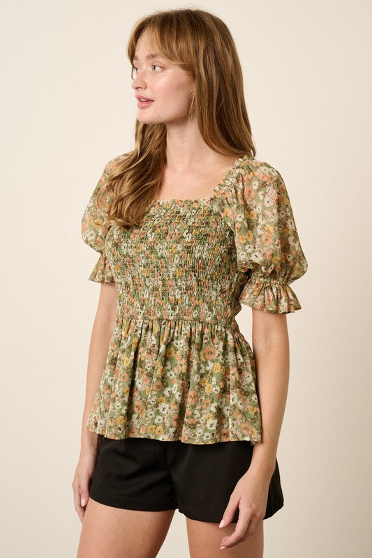 Short Puff Sleeve Smocked Square Neck Floral Detail Blouse