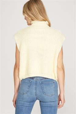 Sleeveless Drop Shoulder Mock Turtleneck Cable Sweater