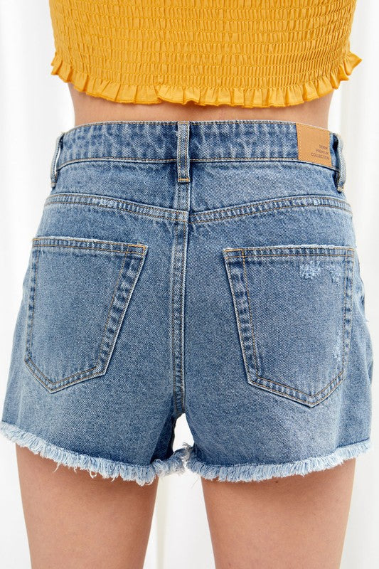 High Rise Distressed Fray Denim Shorts