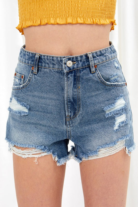 High Rise Distressed Fray Denim Shorts