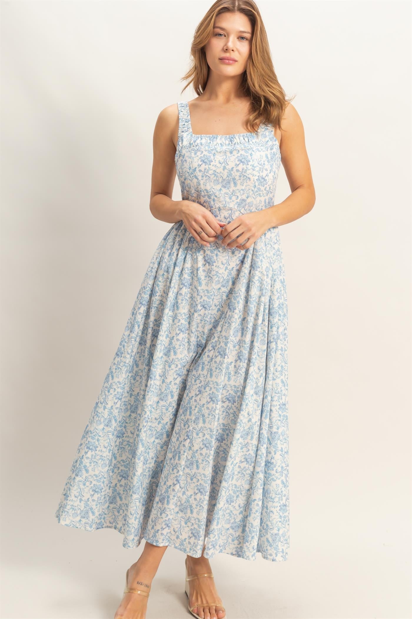 Sleeveless Floral Print Empire Waist A-Line Maxi Dress