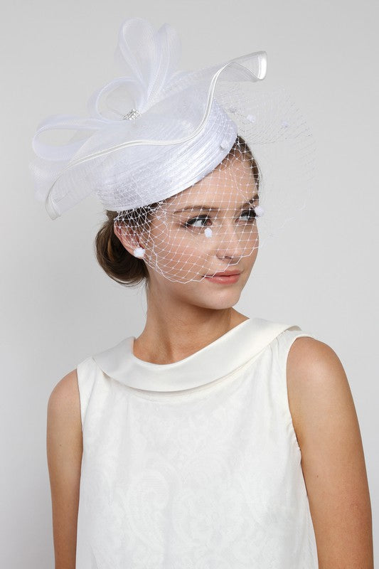 Satin Braid Pill Box Luxury Hat with Mesh Bow and Netting