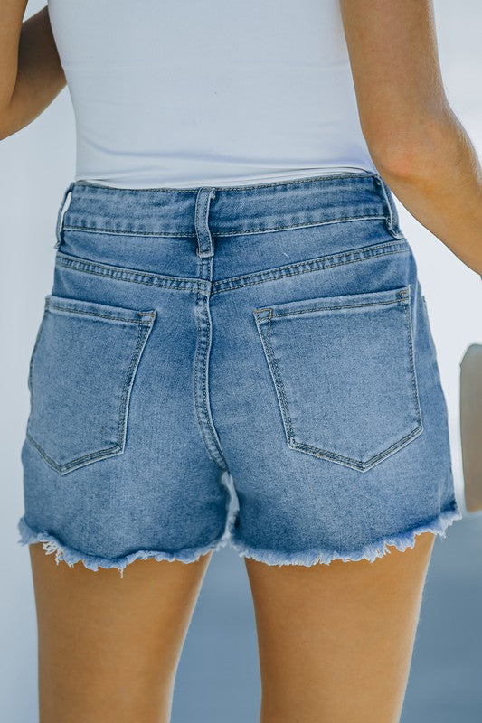 Distressed Frayed Hem Denim Shorts with Pockets