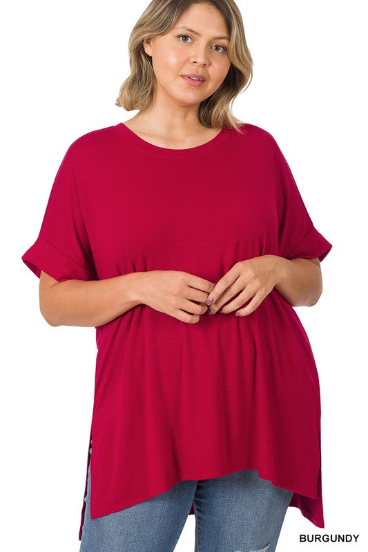 Curvy Rolled Short Sleeve Top with Side Slit and High Low Hem