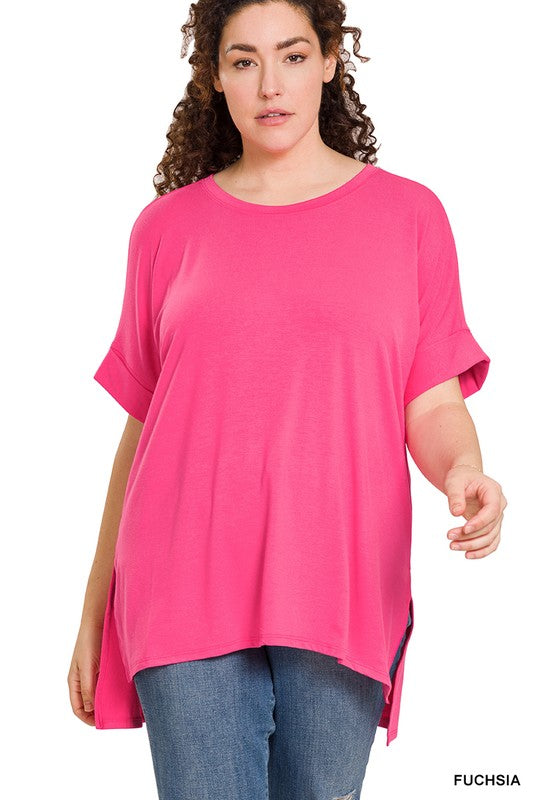 Curvy Rolled Short Sleeve Top with Side Slit and High Low Hem